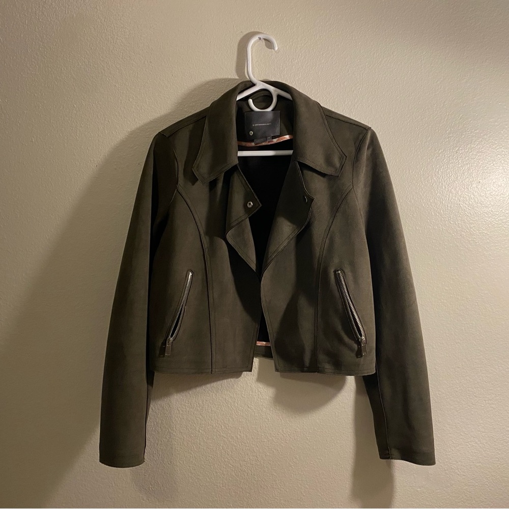 Anthropologie olive green suede bomber jacket with gingham lining
